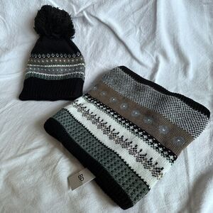 BP Nordstrom Womens Snood Scarf Beanie Pom Pom Fair Isle Black‎